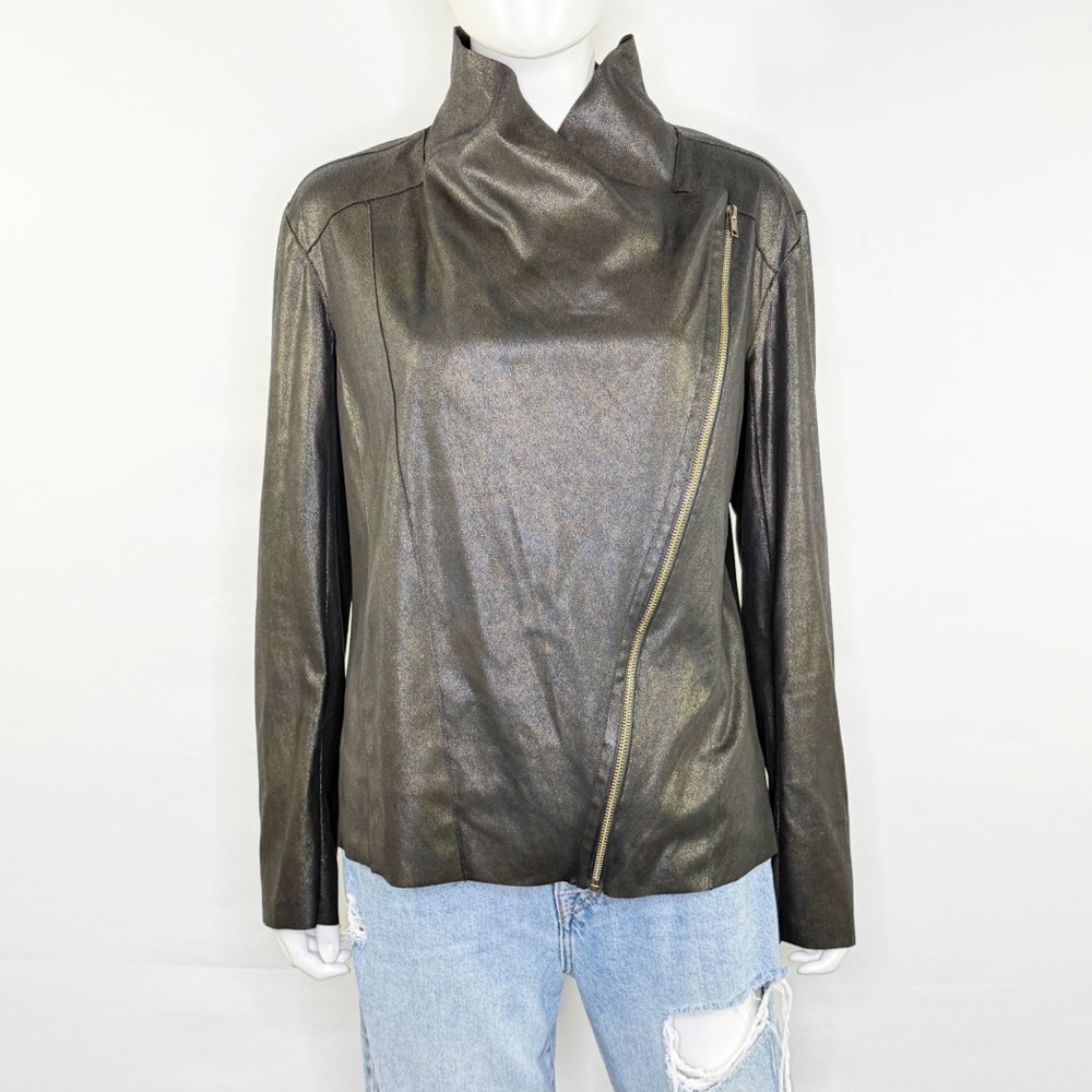 Kingston Black Gold Metallic Faux Leather Moto Jacket Size L Asymmetrical Zip Up